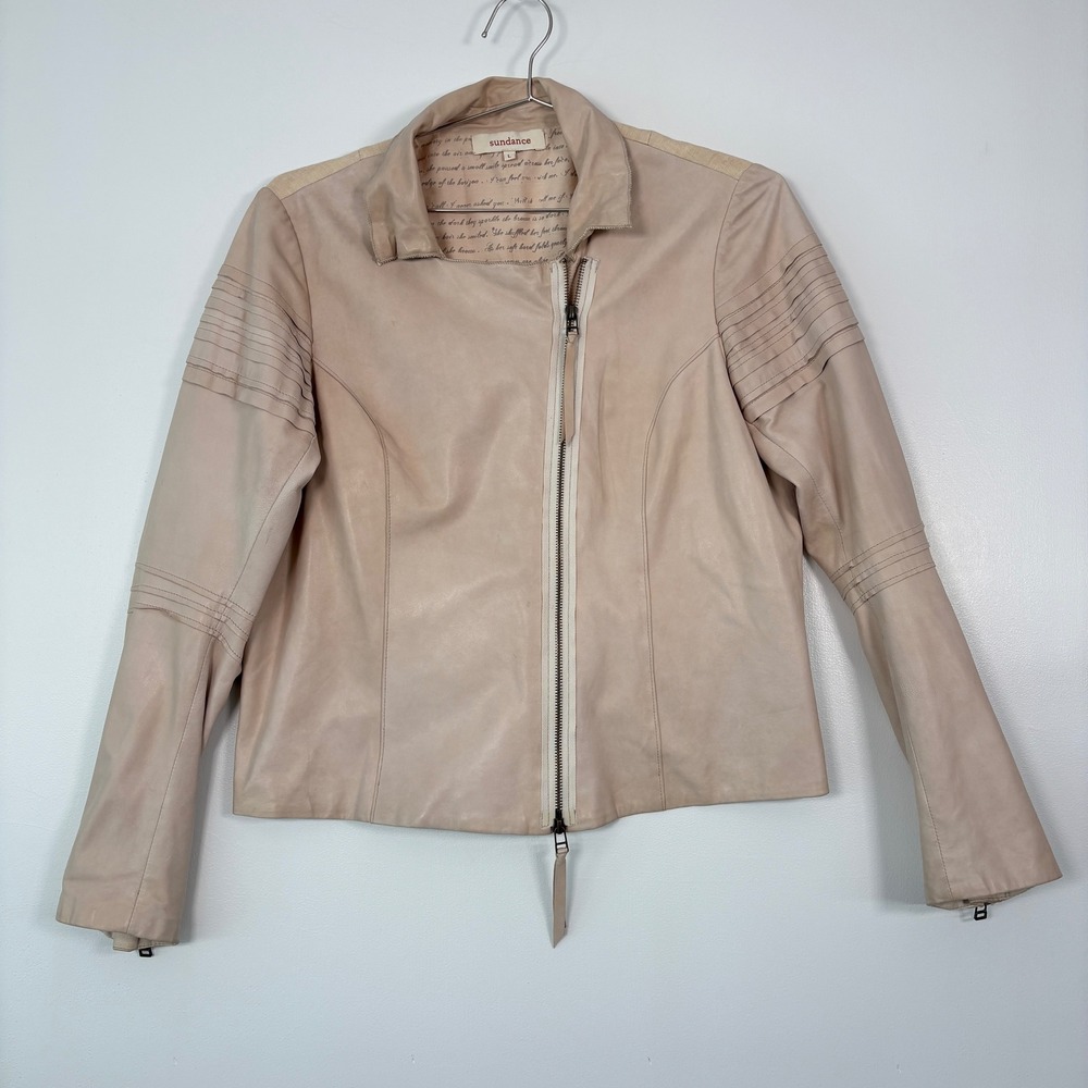 Sundance Women Leather Jacket‎ Large Blush Beige Lambskin Moto Pleated Detail